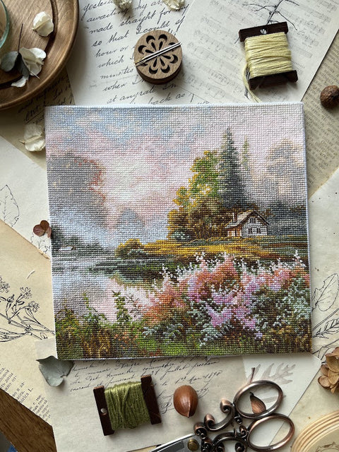 Cross Stitch Embroidery Kit, Misty Landscape Design, 19x19 cm, Aida Fabric, Cotton Threads, Intermediate, Andriana