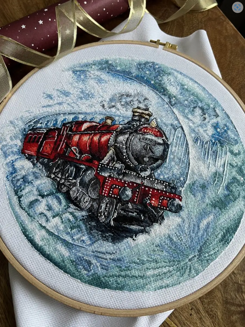 Moon Train Cross Stitch Kit, Night Landscape with White Cotton Aida Canvas, Cotton Threads, Pattern, Needle and Instructions
