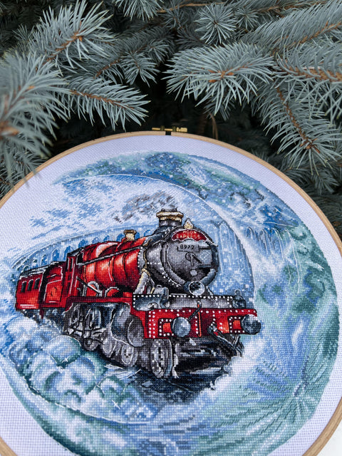 Moon Train Cross Stitch Kit, Night Landscape with White Cotton Aida Canvas, Cotton Threads, Pattern, Needle and Instructions