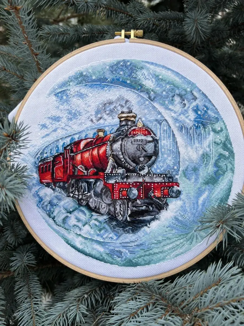 Moon Train Cross Stitch Kit, Night Landscape with White Cotton Aida Canvas, Cotton Threads, Pattern, Needle and Instructions