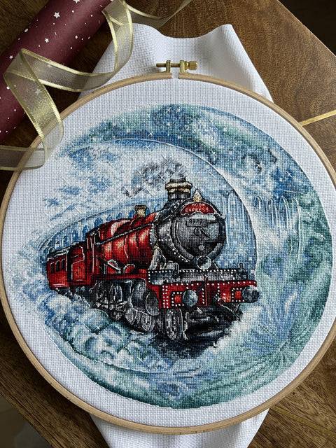 Moon Train Cross Stitch Kit, Night Landscape with White Cotton Aida Canvas, Cotton Threads, Pattern, Needle and Instructions