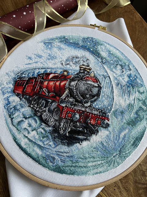 Moon Train Cross Stitch Kit, Night Landscape with White Cotton Aida Canvas, Cotton Threads, Pattern, Needle and Instructions
