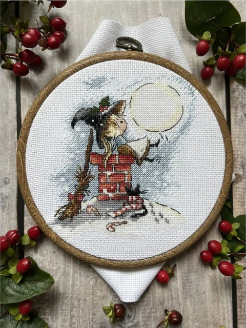 Cross Stitch Embroidery Kit “Happiness Under the Moon” with Aida Canvas, Multicolor Cotton Threads, Andriana DIY Craft Set