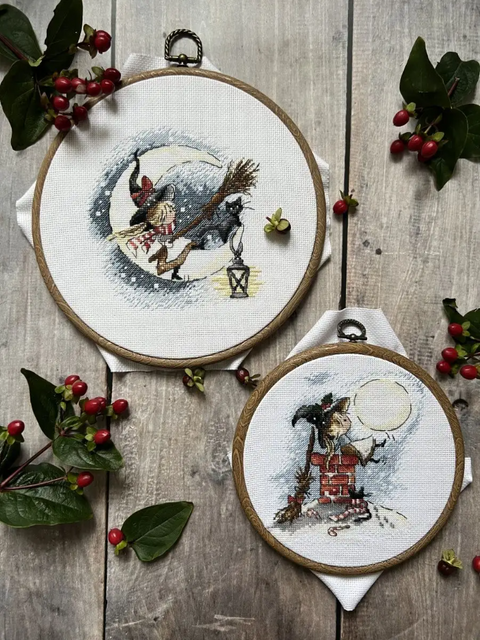 Cross Stitch Embroidery Kit “Happiness Under the Moon” with Aida Canvas, Multicolor Cotton Threads, Andriana DIY Craft Set