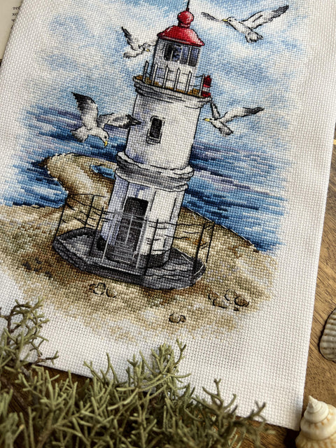 Cross Stitch Embroidery Kit with Lighthouse Seaside Landscape, Beginner-Friendly, Aida Fabric, Cotton Threads, Andriana