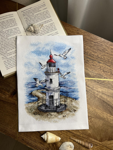 Cross Stitch Embroidery Kit with Lighthouse Seaside Landscape, Beginner-Friendly, Aida Fabric, Cotton Threads, Andriana