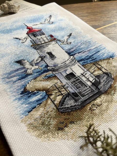 Cross Stitch Embroidery Kit with Lighthouse Seaside Landscape, Beginner-Friendly, Aida Fabric, Cotton Threads, Andriana
