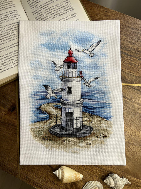 Cross Stitch Embroidery Kit with Lighthouse Seaside Landscape, Beginner-Friendly, Aida Fabric, Cotton Threads, Andriana