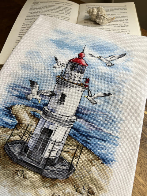 Cross Stitch Embroidery Kit with Lighthouse Seaside Landscape, Beginner-Friendly, Aida Fabric, Cotton Threads, Andriana