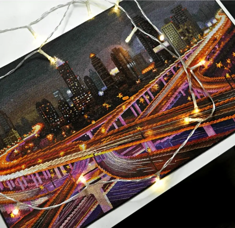 Night Intersection Cross Stitch Kit, Cityscape, Counted Embroidery, Canvas, Threads, Needle, Pattern and Instructions, Andriana