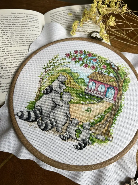 Raccoon Cross Stitch Kit, Housewarming Motif, Aida Canvas, Cotton Threads, Beginner-Friendly Embroidery Set by Andriana