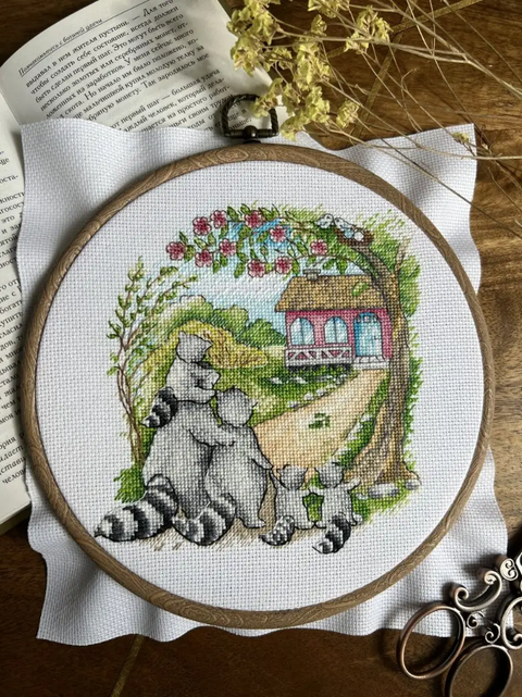 Raccoon Cross Stitch Kit, Housewarming Motif, Aida Canvas, Cotton Threads, Beginner-Friendly Embroidery Set by Andriana