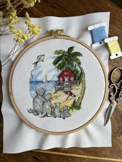 Cat Cross Stitch Kit for Housewarming Decor, Cotton Canvas, Embroidery Threads, Beginner or Advanced, Andriana