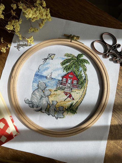Cat Cross Stitch Kit for Housewarming Decor, Cotton Canvas, Embroidery Threads, Beginner or Advanced, Andriana
