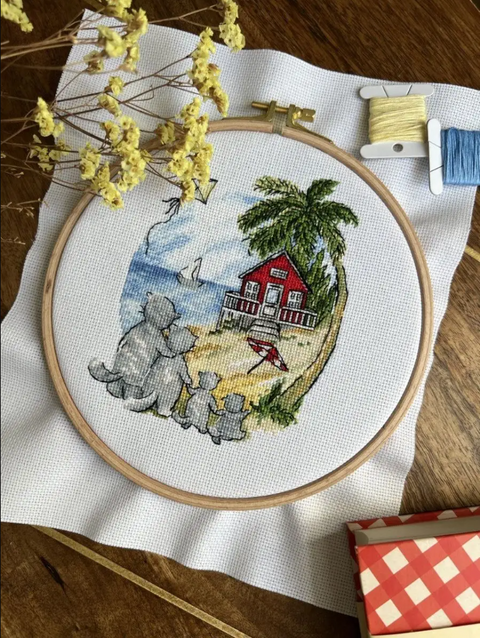 Cat Cross Stitch Kit for Housewarming Decor, Cotton Canvas, Embroidery Threads, Beginner or Advanced, Andriana