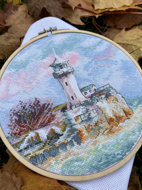 Cross Stitch Kit Coastal Seascape “By the Sea” with Aida Fabric, Cotton Threads, Needle and Pattern by Andriana