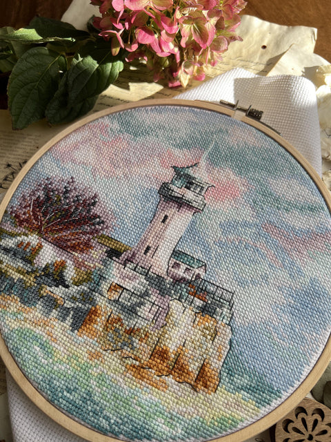 Cross Stitch Kit Coastal Seascape “By the Sea” with Aida Fabric, Cotton Threads, Needle and Pattern by Andriana