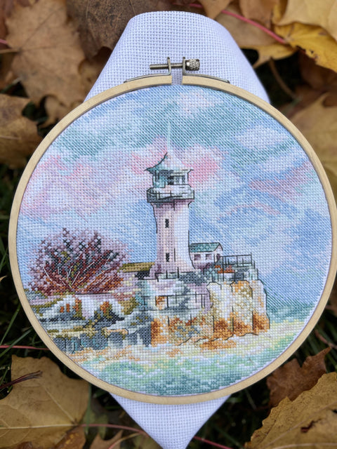 Cross Stitch Kit Coastal Seascape “By the Sea” with Aida Fabric, Cotton Threads, Needle and Pattern by Andriana