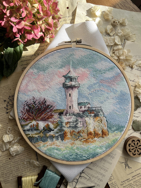 Cross Stitch Kit Coastal Seascape “By the Sea” with Aida Fabric, Cotton Threads, Needle and Pattern by Andriana
