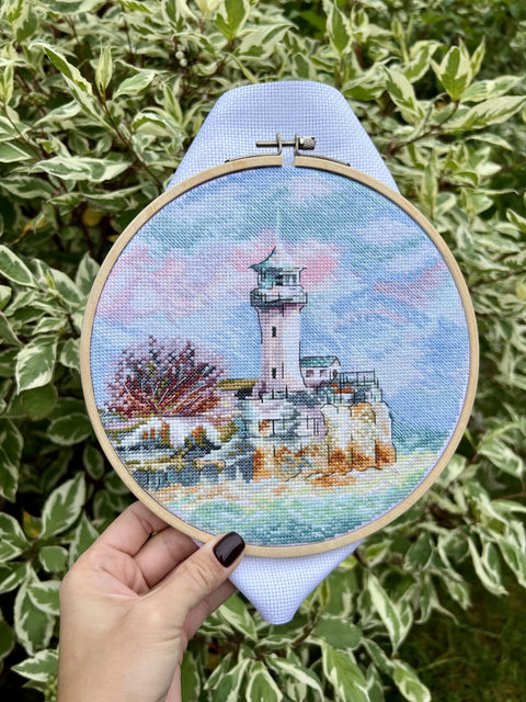 Cross Stitch Kit Coastal Seascape “By the Sea” with Aida Fabric, Cotton Threads, Needle and Pattern by Andriana