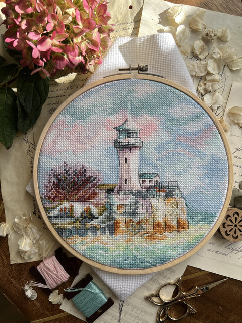 Cross Stitch Kit Coastal Seascape “By the Sea” with Aida Fabric, Cotton Threads, Needle and Pattern by Andriana