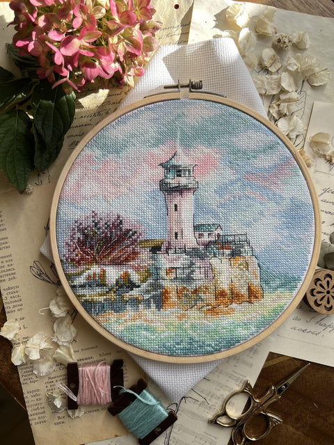 Cross Stitch Kit Coastal Seascape “By the Sea” with Aida Fabric, Cotton Threads, Needle and Pattern by Andriana