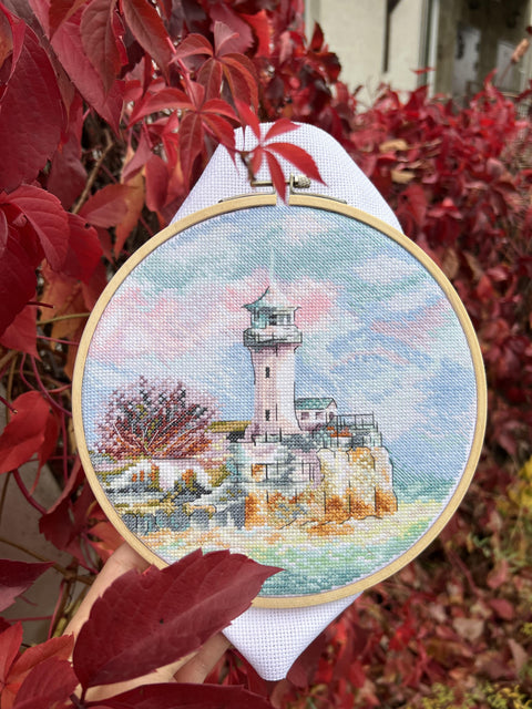 Cross Stitch Kit Coastal Seascape “By the Sea” with Aida Fabric, Cotton Threads, Needle and Pattern by Andriana