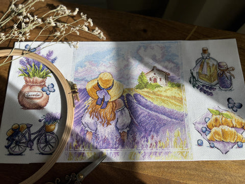 Cross Stitch Kit Provence Motif, Aida Fabric, Cotton Threads, Needle and Clear Pattern, Multicolor Wall Decor, Andriana