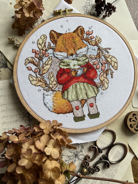 Cross Stitch Kit, Autumn Tea Design, 15 x 17 cm, Aida Fabric, Cotton Threads, Beginner-Friendly, Andriana