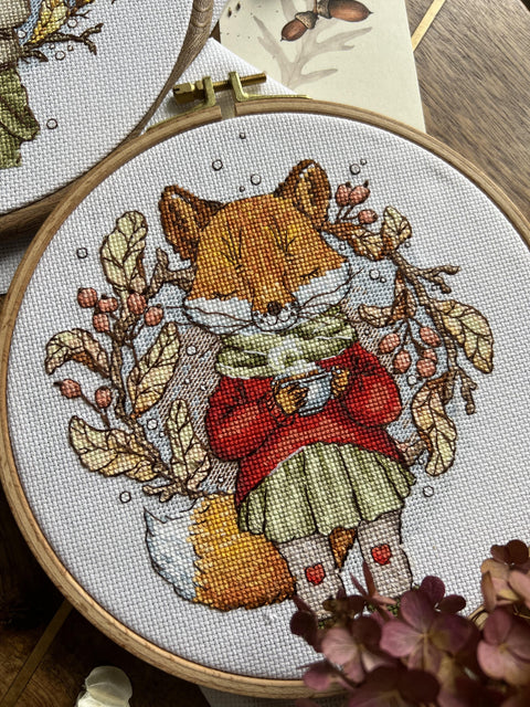 Cross Stitch Kit, Autumn Tea Design, 15 x 17 cm, Aida Fabric, Cotton Threads, Beginner-Friendly, Andriana