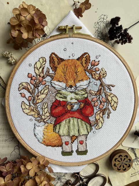 Cross Stitch Kit, Autumn Tea Design, 15 x 17 cm, Aida Fabric, Cotton Threads, Beginner-Friendly, Andriana