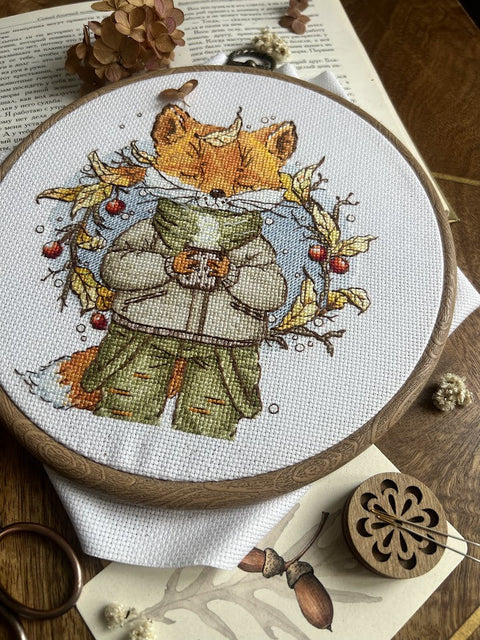 Cross Stitch Embroidery Kit with Autumn Coffee Design, 15 x 16.5 cm, Warm Fall Colors, Andriana DIY Craft Project