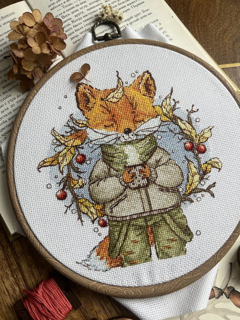 Cross Stitch Embroidery Kit with Autumn Coffee Design, 15 x 16.5 cm, Warm Fall Colors, Andriana DIY Craft Project