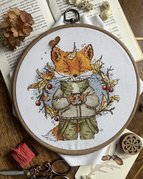 Cross Stitch Embroidery Kit with Autumn Coffee Design, 15 x 16.5 cm, Warm Fall Colors, Andriana DIY Craft Project