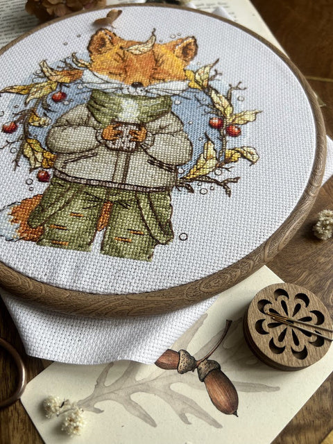 Cross Stitch Embroidery Kit with Autumn Coffee Design, 15 x 16.5 cm, Warm Fall Colors, Andriana DIY Craft Project