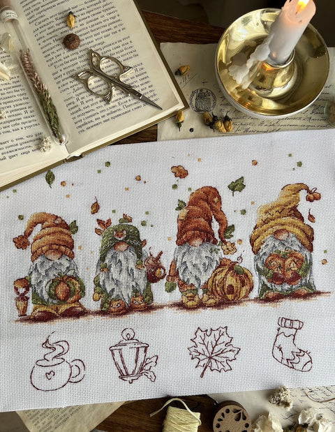 Autumn Gnome Cross Stitch Kit, 32 × 21.5 cm, 16 ct Aida, 26-Color Cotton Thread, Andriana Embroidery Kit