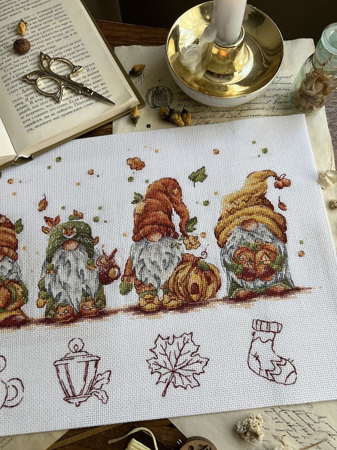 Autumn Gnome Cross Stitch Kit, 32 × 21.5 cm, 16 ct Aida, 26-Color Cotton Thread, Andriana Embroidery Kit