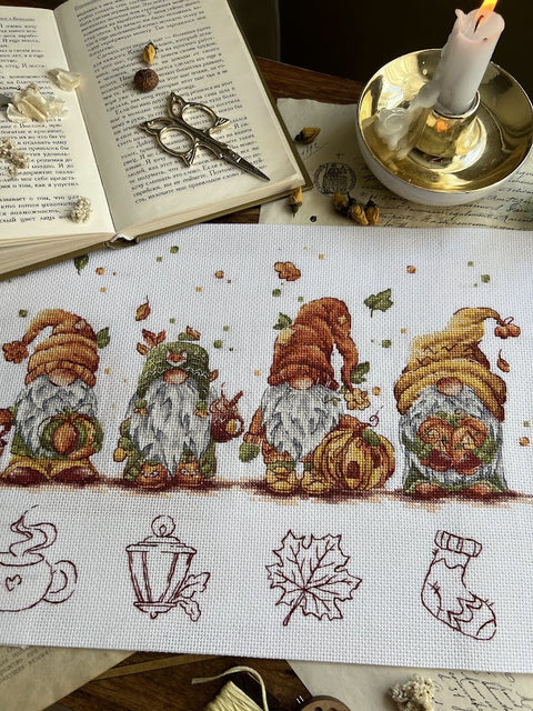 Autumn Gnome Cross Stitch Kit, 32 × 21.5 cm, 16 ct Aida, 26-Color Cotton Thread, Andriana Embroidery Kit