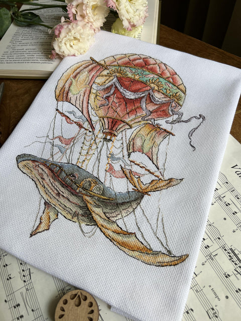 Whale Cross Stitch Kit, Counted Embroidery Pattern with Aida Canvas, Cotton Threads, Needle and Color Symbol Chart by Andriana