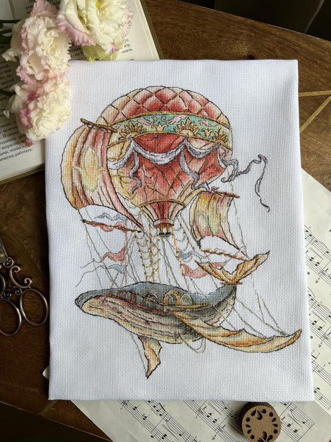 Whale Cross Stitch Kit, Counted Embroidery Pattern with Aida Canvas, Cotton Threads, Needle and Color Symbol Chart by Andriana
