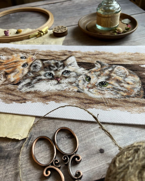 Cross Stitch Kit with Fluffy Trio Design, 35 × 14.5 cm, Multicolor Aida Canvas, Cotton Threads, Andriana