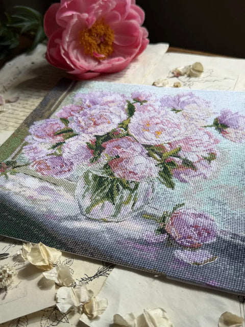 Cross Stitch Kit with Peonies by the Window, 24.5 x 24.5 cm, White Cotton Aida 16 ct, 37 Colors, Andriana
