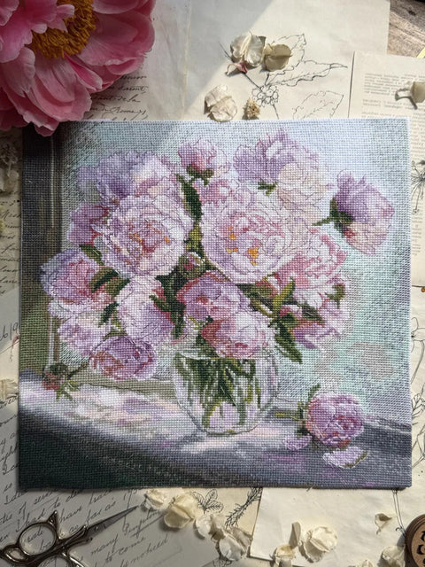 Cross Stitch Kit with Peonies by the Window, 24.5 x 24.5 cm, White Cotton Aida 16 ct, 37 Colors, Andriana