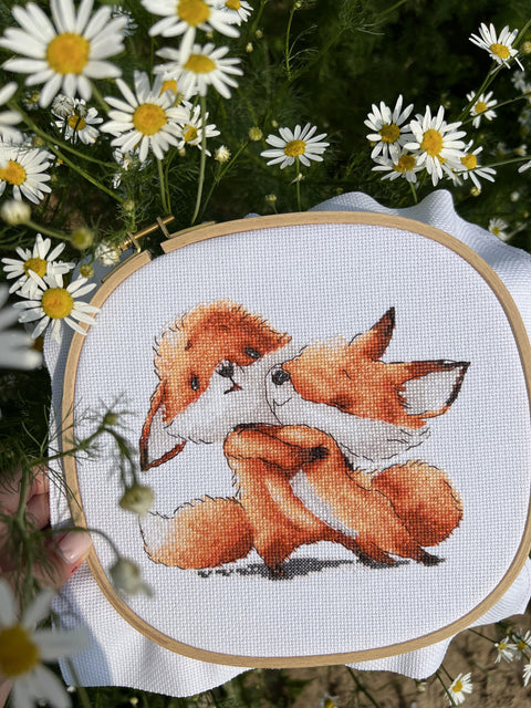 Cross Stitch Kit with Red Foxes, Complete Embroidery Set by Andriana, Canvas, Threads, Needle, Printed Pattern and Instructions