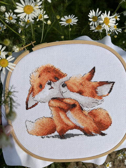 Cross Stitch Kit with Red Foxes, Complete Embroidery Set by Andriana, Canvas, Threads, Needle, Printed Pattern and Instructions