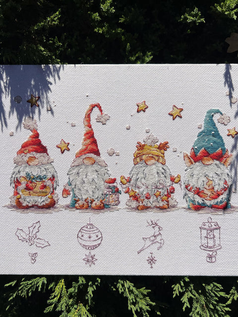 Christmas Gnome Cross Stitch Kit with Aida Fabric, Cotton Threads, Needle and Pattern by Andriana