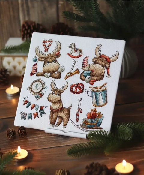 Christmas Reindeer Cross Stitch Kit, Aida 16 ct, 27 Cotton Thread Colors, 21 × 21 cm, Andriana