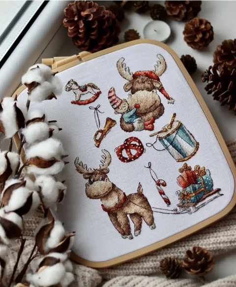 Christmas Reindeer Cross Stitch Kit, Aida 16 ct, 27 Cotton Thread Colors, 21 × 21 cm, Andriana