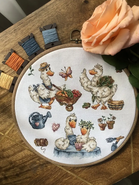 Cross Stitch Embroidery Kit with Goose Design, Aida Fabric, Cotton Threads, Needle and Pattern by Andriana, Summer Wall Decor