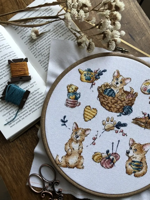 Corgi Cross Stitch Kit with Aida 16 Count Fabric, 31 Cotton Thread Colors, 21×21 cm Finished Size, Andriana